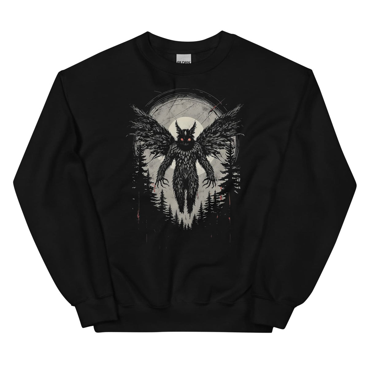Black sweatshirt with a mothman graphic design in a forest at night.