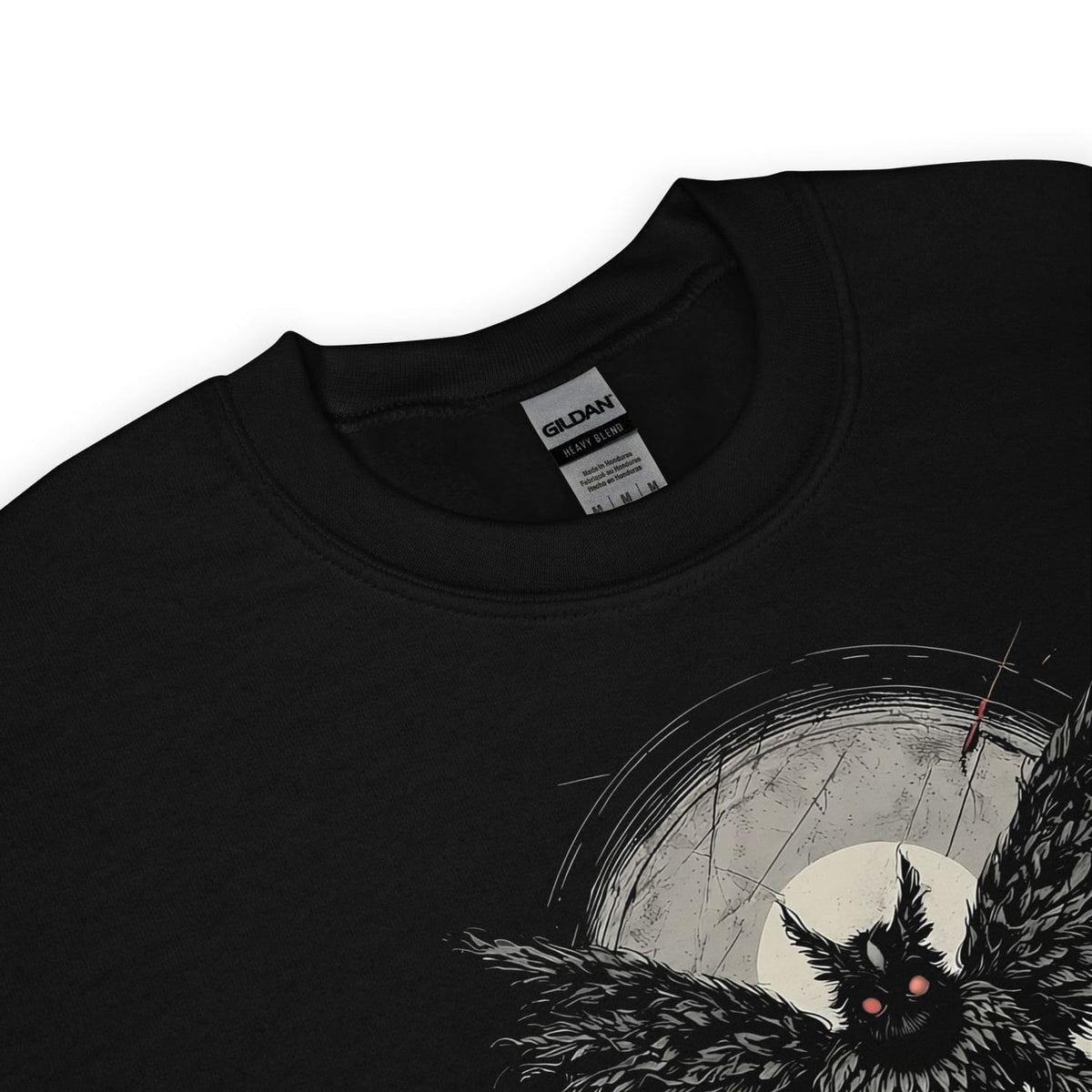 Black sweatshirt with a graphic design of mothman and moon on a white background