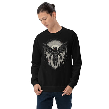 Person wearing a black sweatshirt with mothman graphic design on a white background
