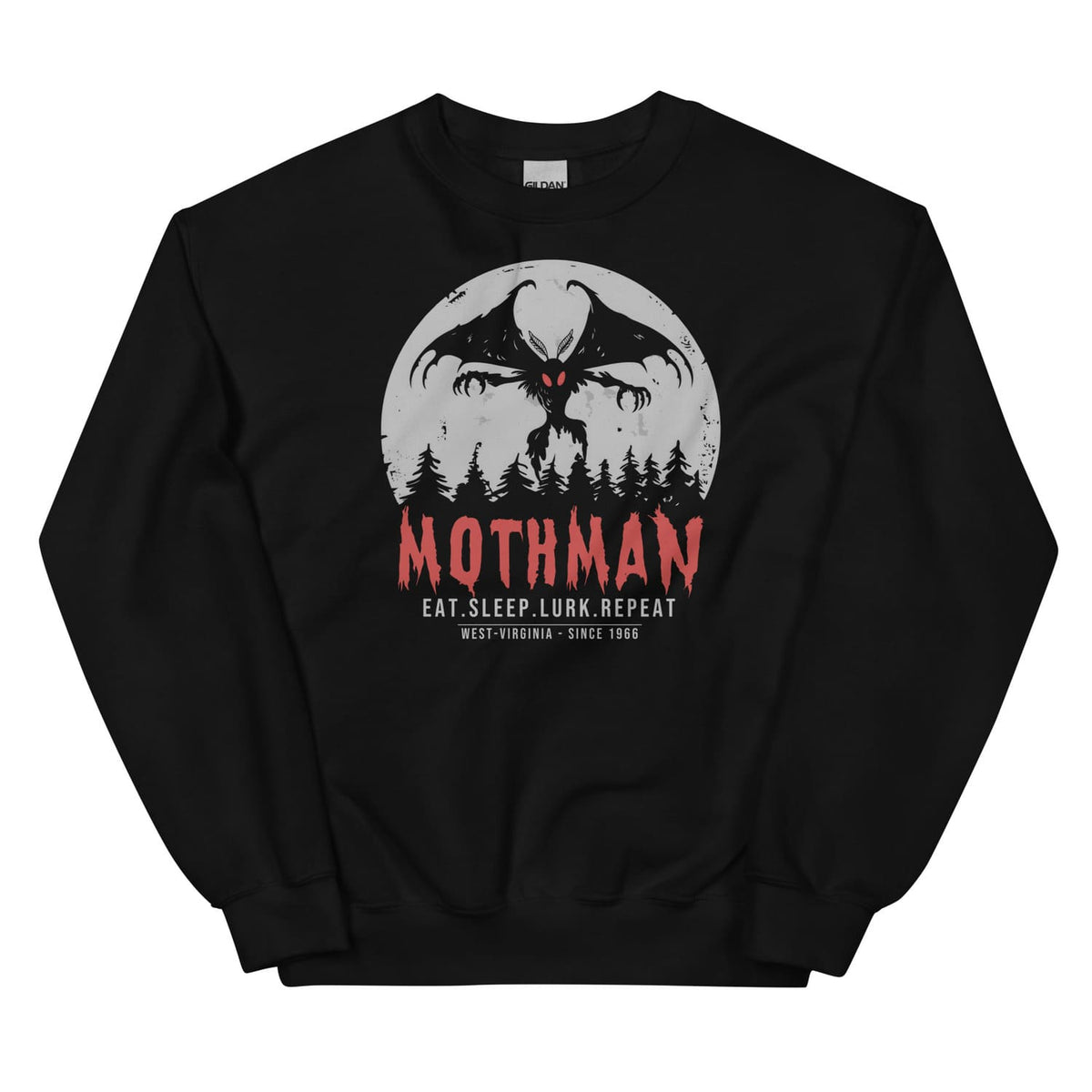 Black sweatshirt with Mothman graphic and text on a white background