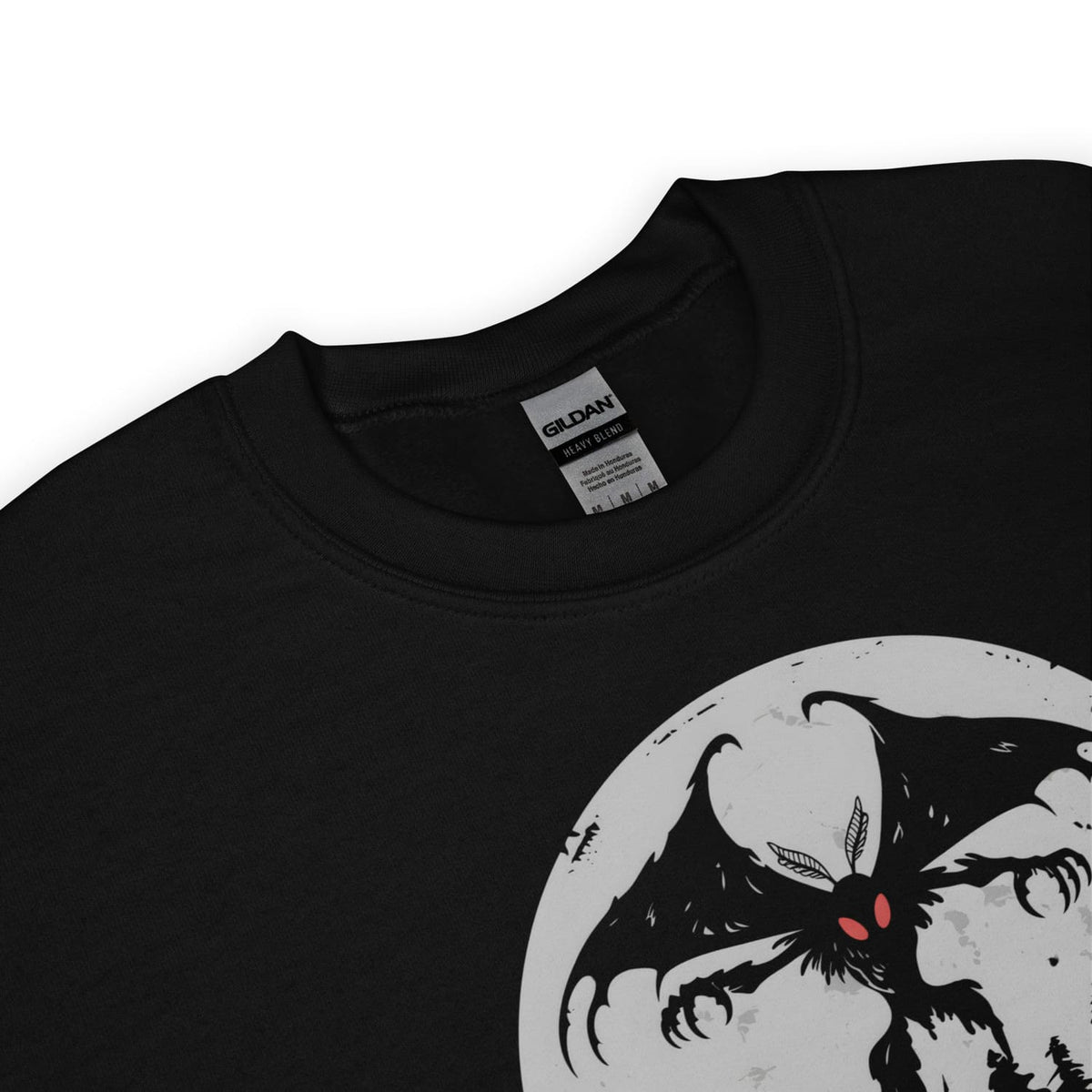 Black sweatshirt with a mothman graphic design of a creature on a white background