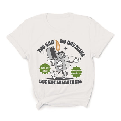 White t-shirt with a cartoon character and text on a white background: Funny Overstimulated Shirt, Motivational Mental Health Tee, Autism Awareness T-Shirt, ADHD AuDHD Burnout Tshirt, Sped BCBA Teacher Gift