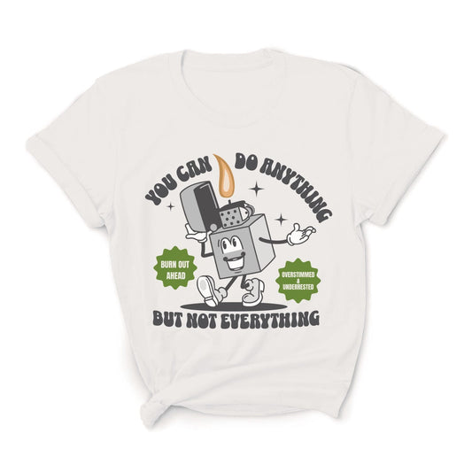 White t-shirt with a cartoon character and text on a white background: Funny Overstimulated Shirt, Motivational Mental Health Tee, Autism Awareness T-Shirt, ADHD AuDHD Burnout Tshirt, Sped BCBA Teacher Gift