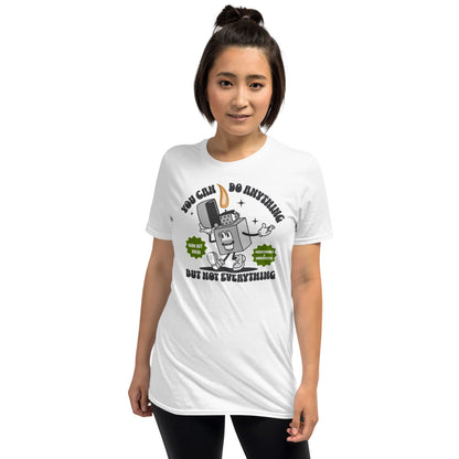 Person wearing a white t-shirt with a graphic design and text on a white background: Funny Overstimulated Shirt, Motivational Mental Health Tee, Autism Awareness T-Shirt, ADHD AuDHD Burnout Tshirt, Sped BCBA Teacher Gift
