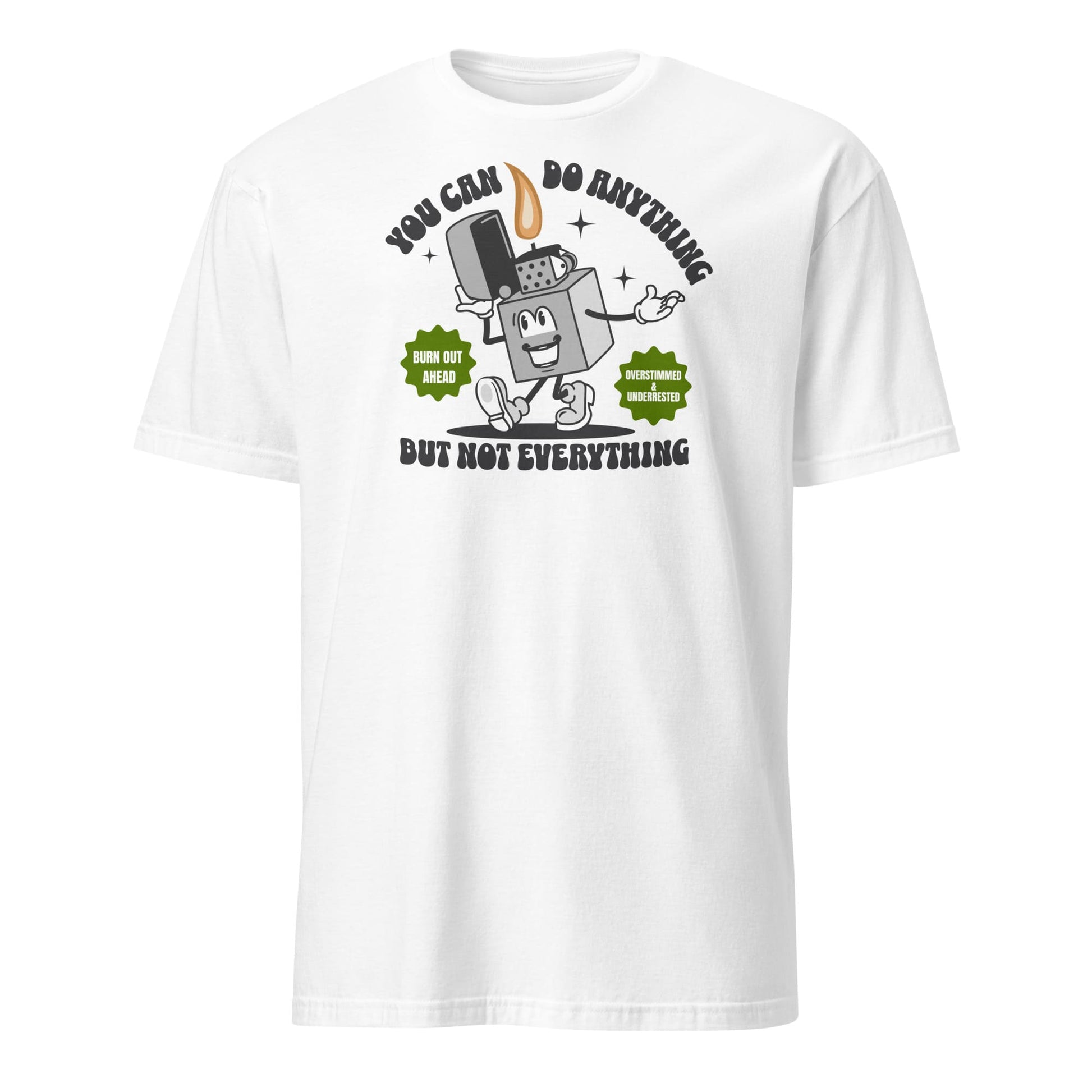 White t-shirt with cartoon character and motivational text on a white background: Funny Overstimulated Shirt, Motivational Mental Health Tee, Autism Awareness T-Shirt, ADHD AuDHD Burnout Tshirt, Sped BCBA Teacher Gift