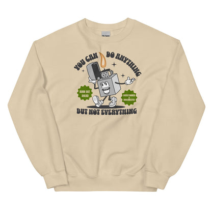 Beige burnout sweatshirt with a cartoon design and text on a white background