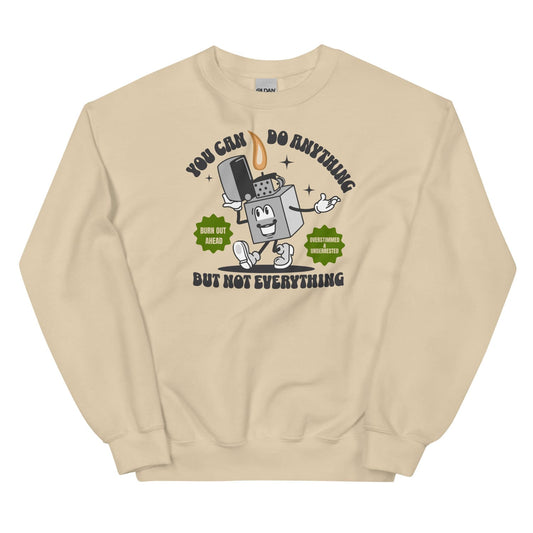 Beige burnout sweatshirt with a cartoon design and text on a white background