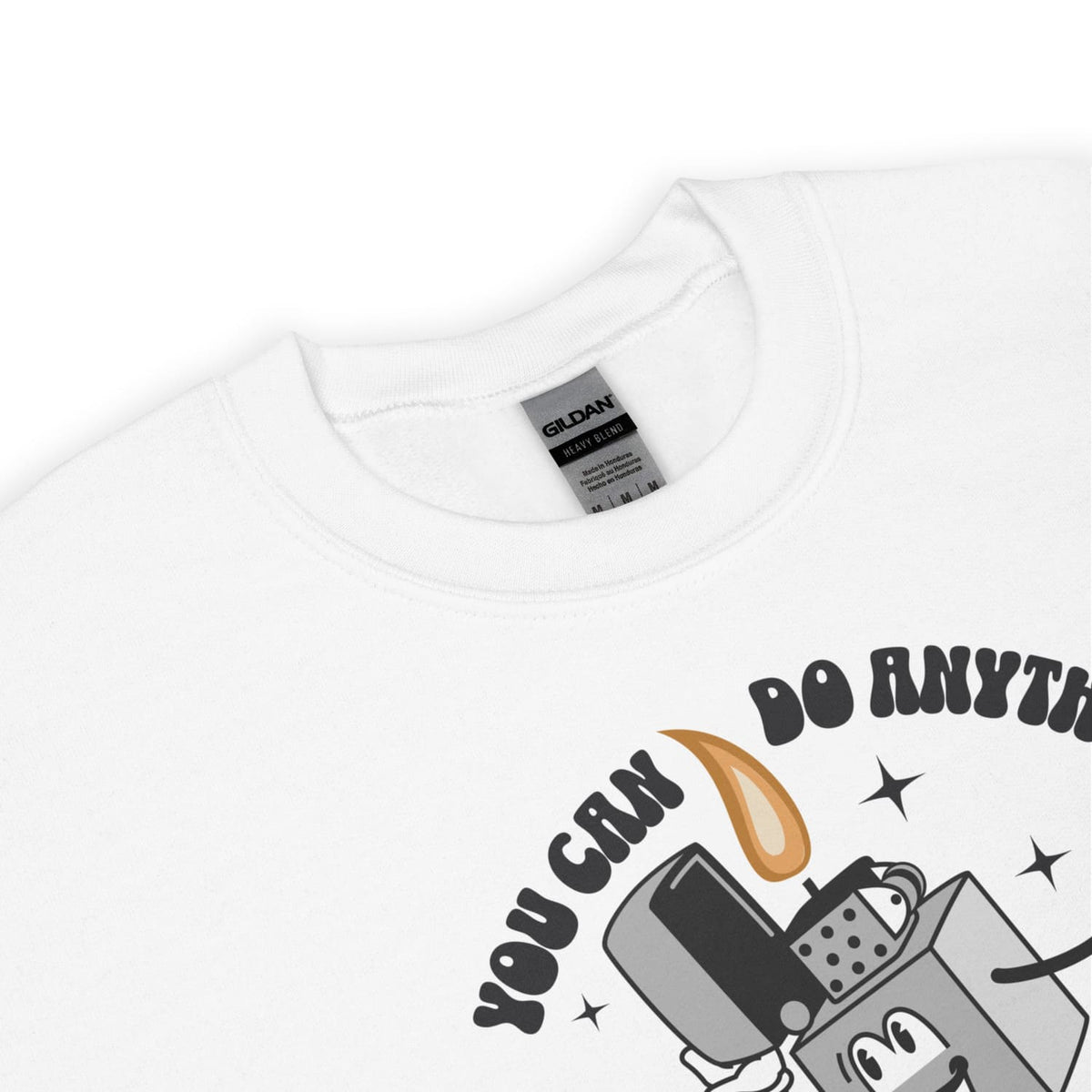 White burnout sweatshirt with a graphic design and 'Gildan' label on a white background