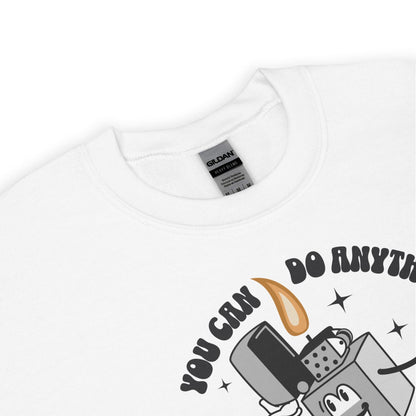 White burnout sweatshirt with a graphic design and 'Gildan' label on a white background
