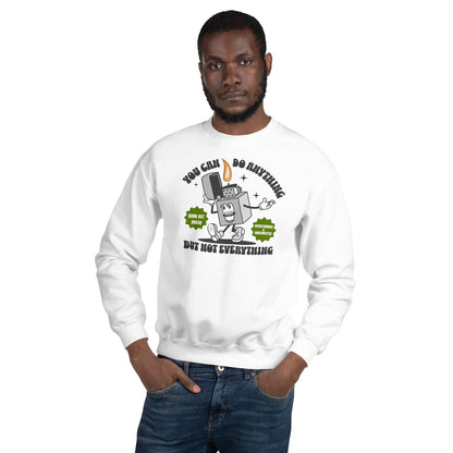 Man wearing a white burnout sweatshirt with a graphic design on a white background