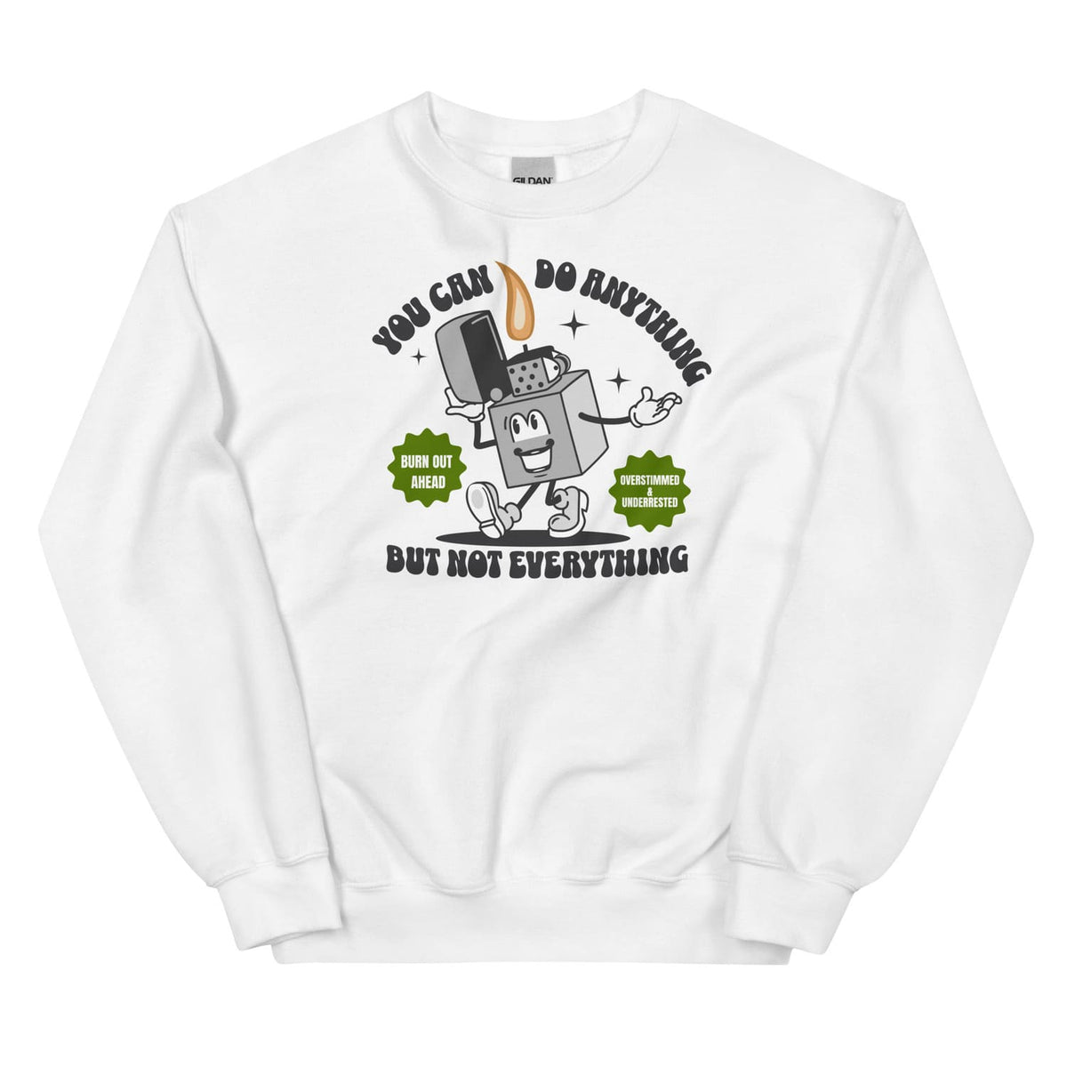 White burnout sweatshirt with a graphic design and text on a white background