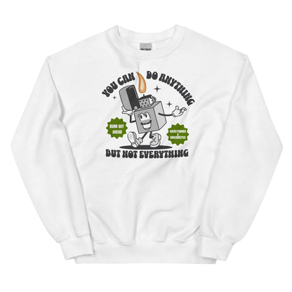 White burnout sweatshirt with a graphic design and text on a white background