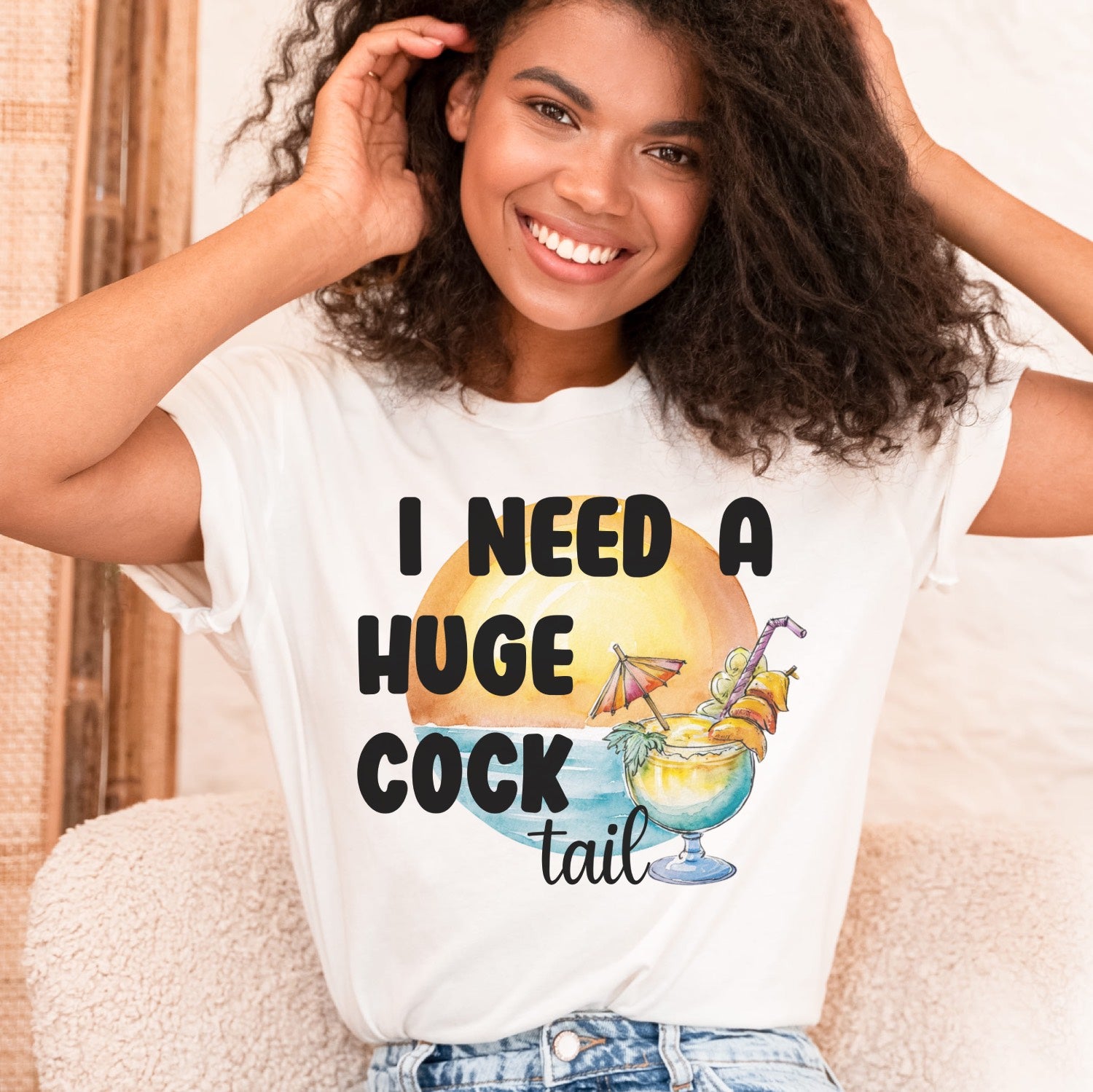 Person wearing a white t-shirt with a humorous graphic and text.