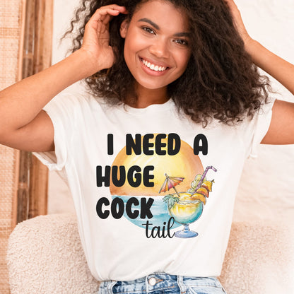 Person wearing a white t-shirt with a humorous graphic and text.