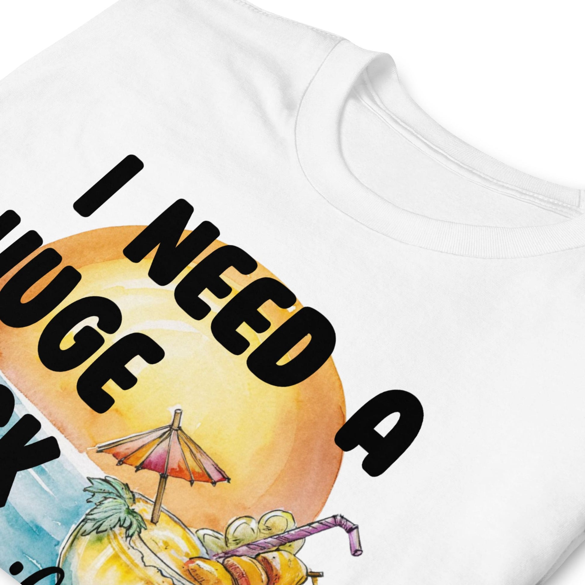 White t-shirt with a colorful graphic and text 'I NEED A HUGE COCKTAIL' on a white background