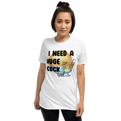 Person wearing a white t-shirt with a humorous graphic and text.