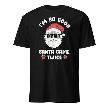 Black t-shirt with Santa Claus graphic and text on a white background