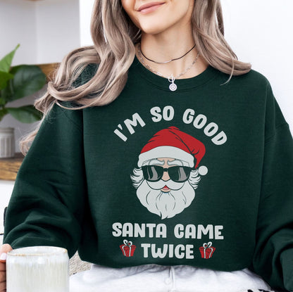 woman wearing naughty santa christmas sweatshirt