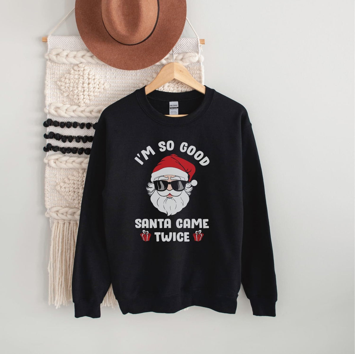 naughty santa christmas sweatshirt, hanging, black
