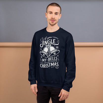 Man wearing a navy bluefunny adult humor sweater with Christmas text and bell design against a plain background