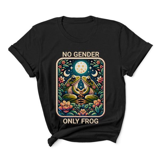 Black nonbinary t-shirt with a colorful graphic of two frogs and the text 'No Gender Only Frog' on a white background.
