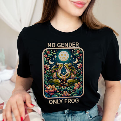 Enby Person wearing a black t-shirt with a colorful graphic of two frogs and text 'NO GENDER ONLY FROG'.