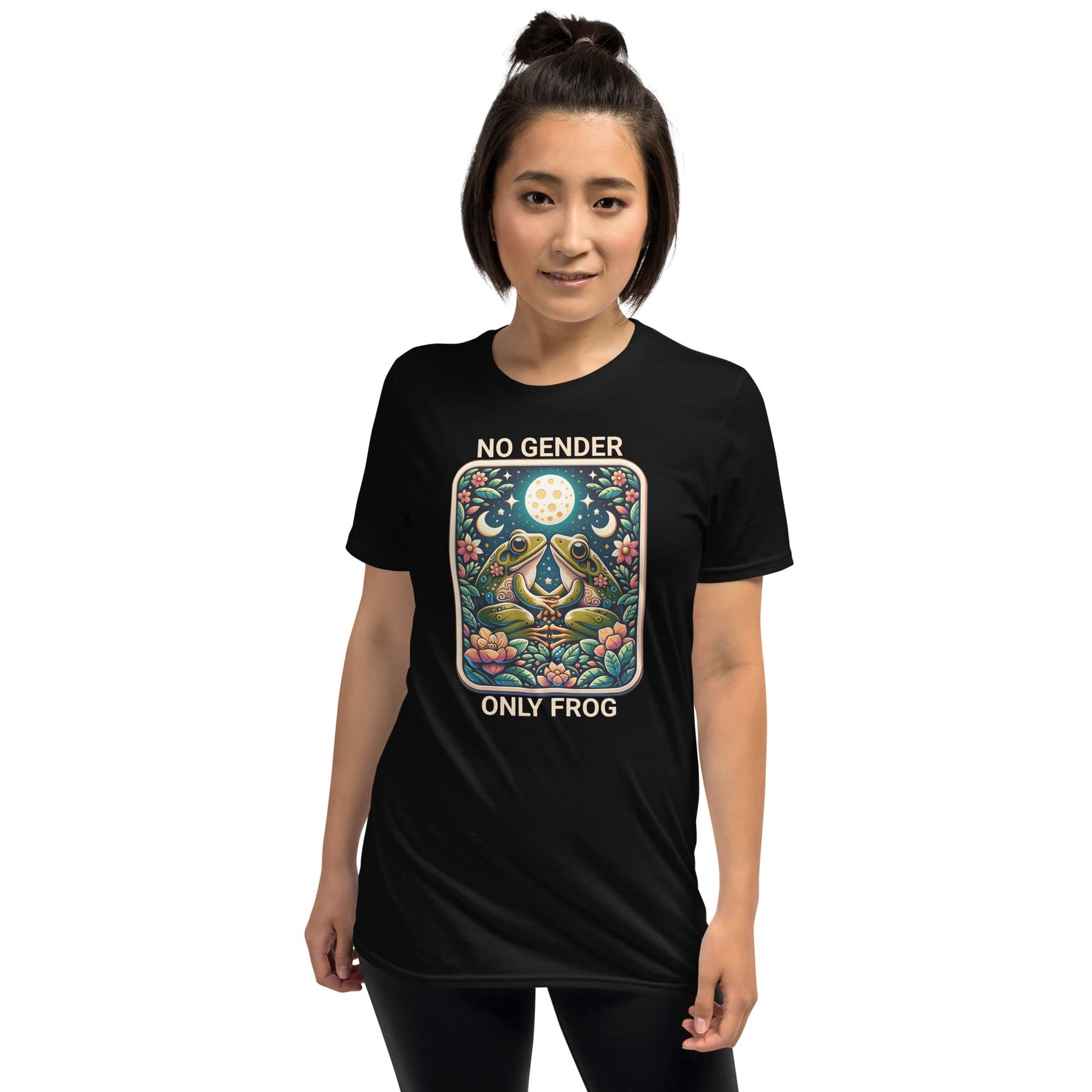 agender or nonbinary Person wearing a black t-shirt with 'No Gender Only Frog' design on a white background