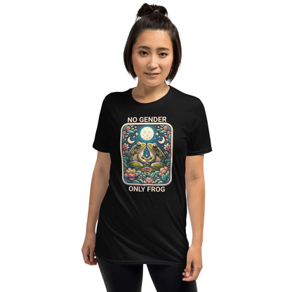 agender or nonbinary Person wearing a black t-shirt with 'No Gender Only Frog' design on a white background