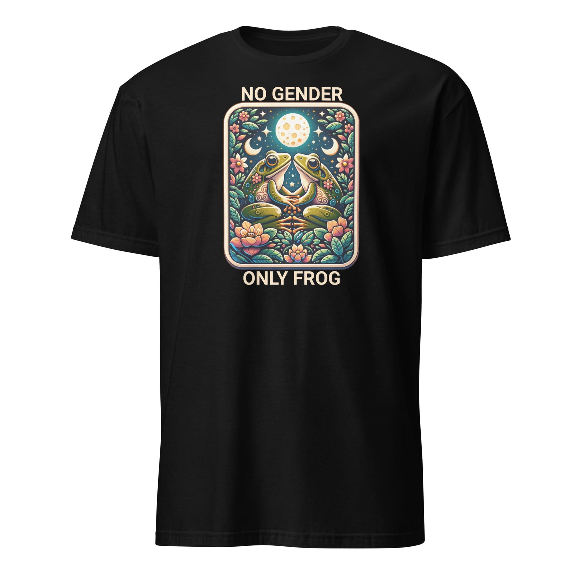 Black nonbinary pride t-shirt with a colorful graphic of two frogs and the text 'No Gender Only Frog' on a white background.