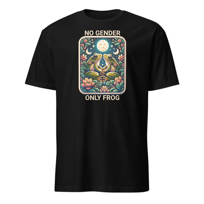 Black nonbinary pride t-shirt with a colorful graphic of two frogs and the text 'No Gender Only Frog' on a white background.