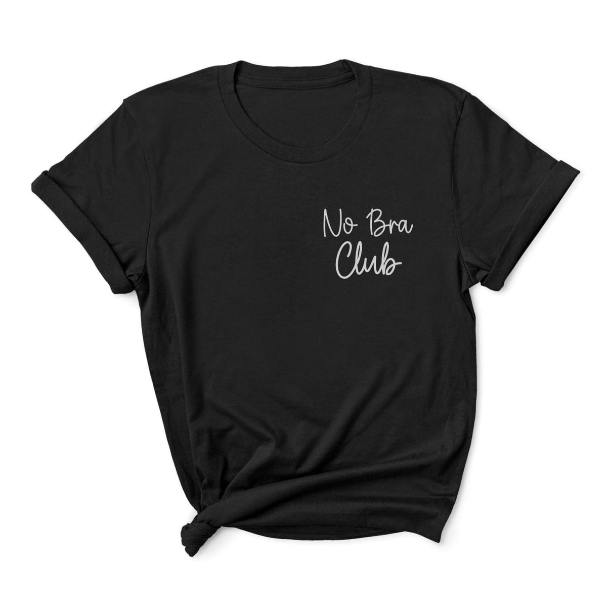 Black feminist body positivity t-shirt with 'No Bra Club' text on a white background