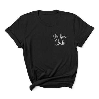 Black feminist body positivity t-shirt with 'No Bra Club' text on a white background