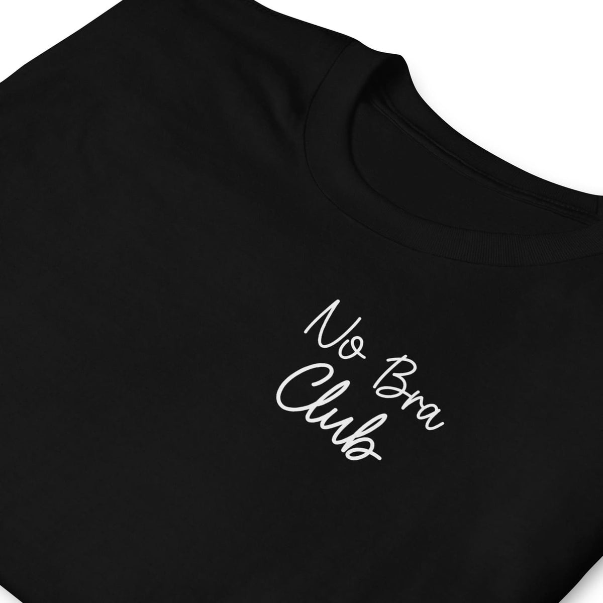 Black feminist body positivity t-shirt with 'No Bra Club' text in white on a white background
