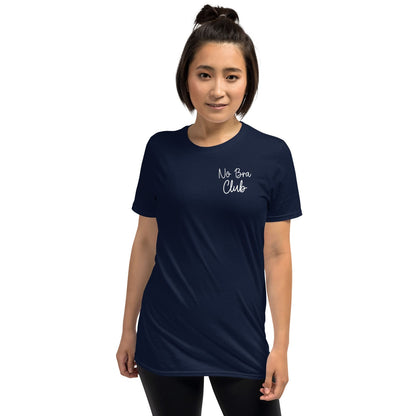 Woman wearing a navy blue feminist body positivity t-shirt with 'No Bra Club' text on a white background