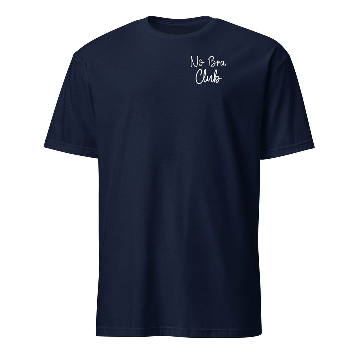 Navy feminist body positivity t-shirt with white text on a white background