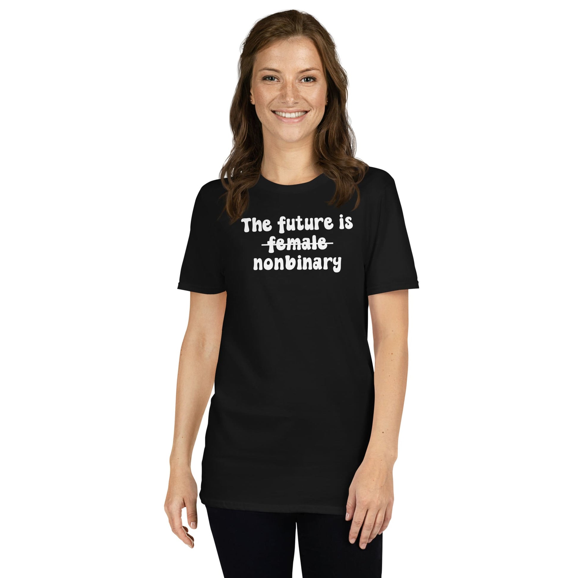 woman wearing black enby feminist tee