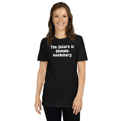 woman wearing black enby feminist tee