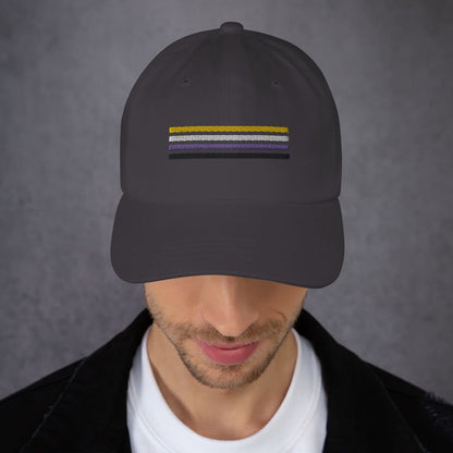 non binary hat, enby pride flag embroidered cap, model front