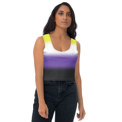 nonbinary crop top, enby pride tank, model 1 front