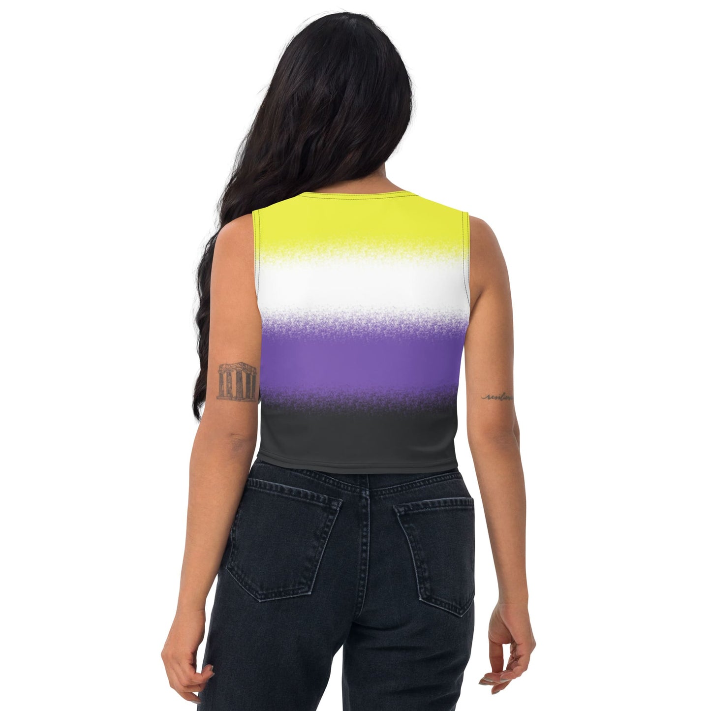 nonbinary crop top, enby pride tank, model 1 back