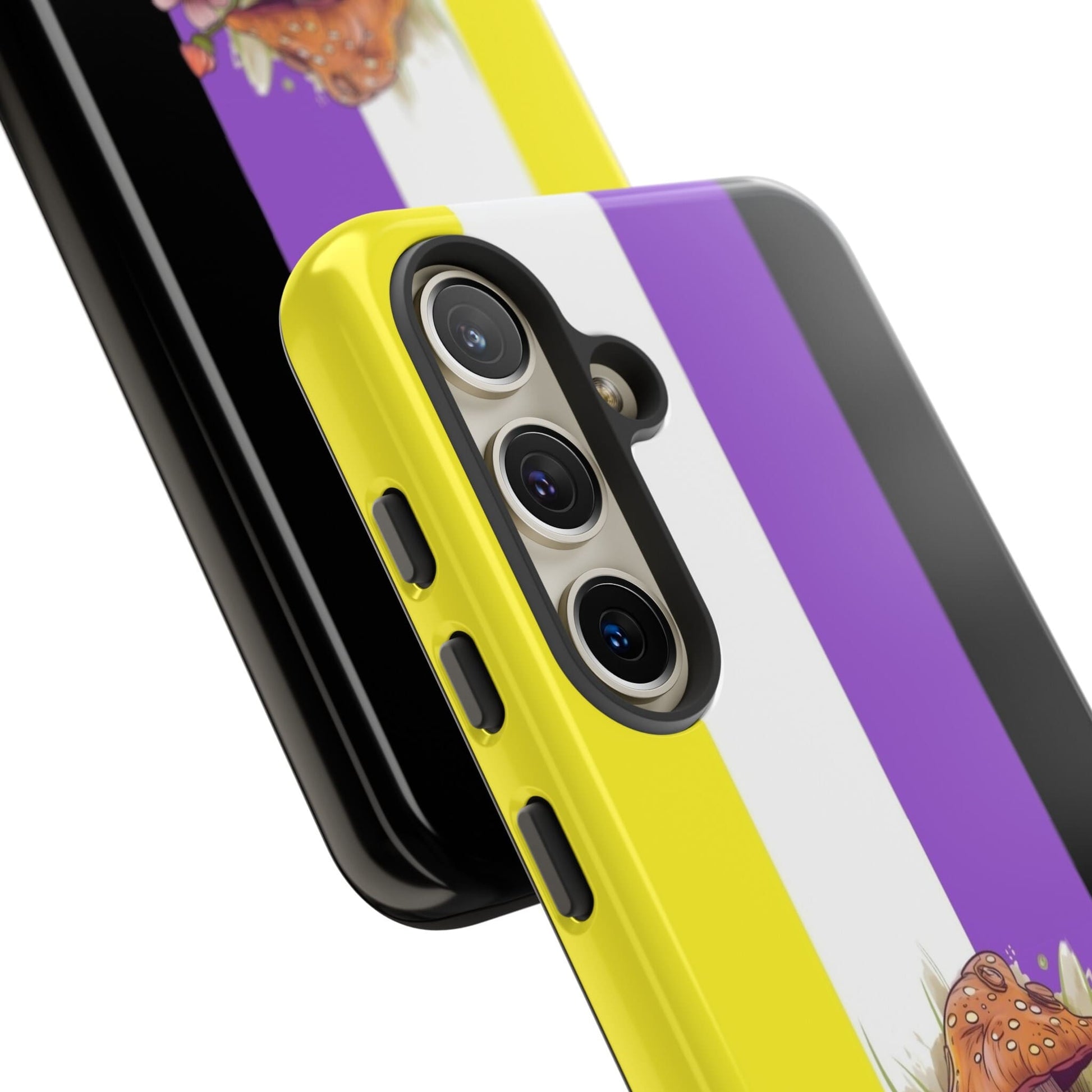 Nonbinary frog phone case, close up