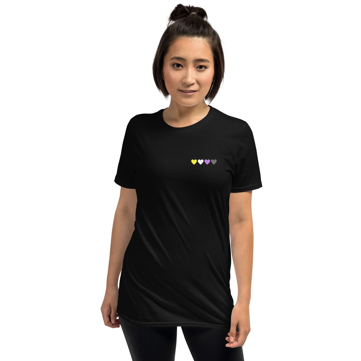 nonbinary shirt, subtle enby pride pocket design tee, model 1