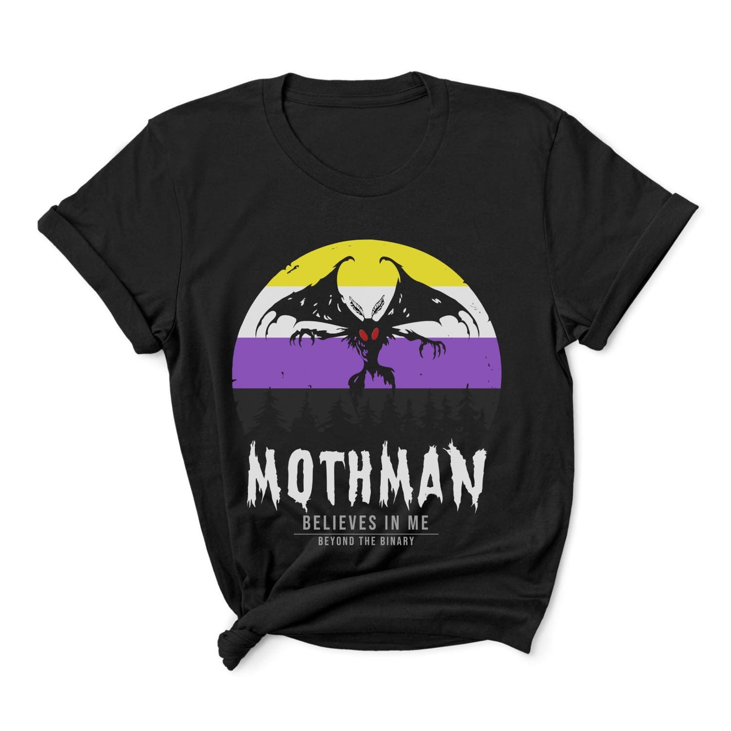Black t-shirt with Mothman graphic and text on a white background: Nonbinary Mothman Shirt, Enby Pride Cryptid Folklore T-Shirt, Queer Mythology Legend Cryptozoology Tee, Cryptidcore Weirdcore Gift For LGBT