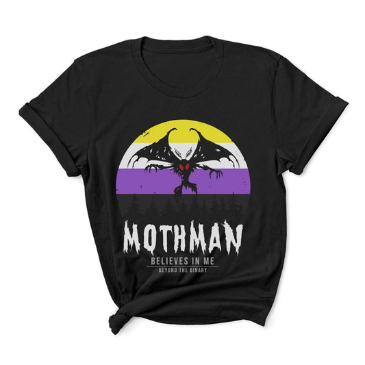 Black t-shirt with Mothman graphic and text on a white background: Nonbinary Mothman Shirt, Enby Pride Cryptid Folklore T-Shirt, Queer Mythology Legend Cryptozoology Tee, Cryptidcore Weirdcore Gift For LGBT