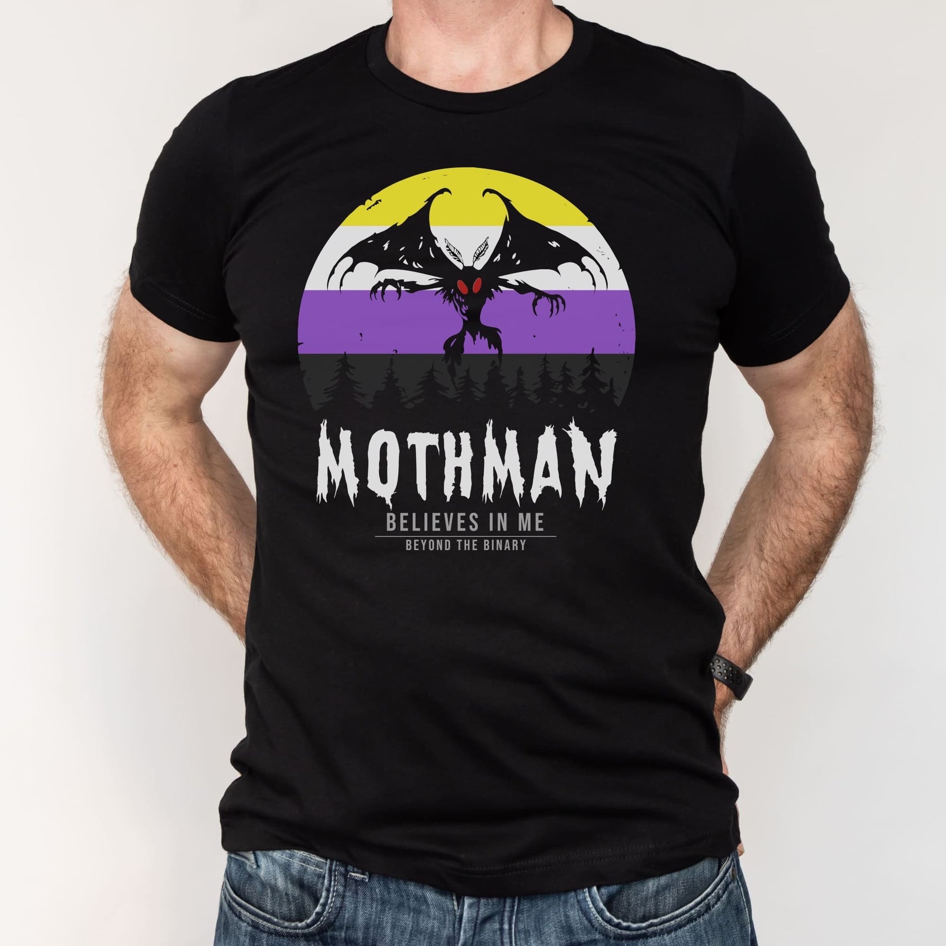 Black t-shirt with Mothman graphic and text on a white background: Nonbinary Mothman Shirt, Enby Pride Cryptid Folklore T-Shirt, Queer Mythology Legend Cryptozoology Tee, Cryptidcore Weirdcore Gift For LGBT