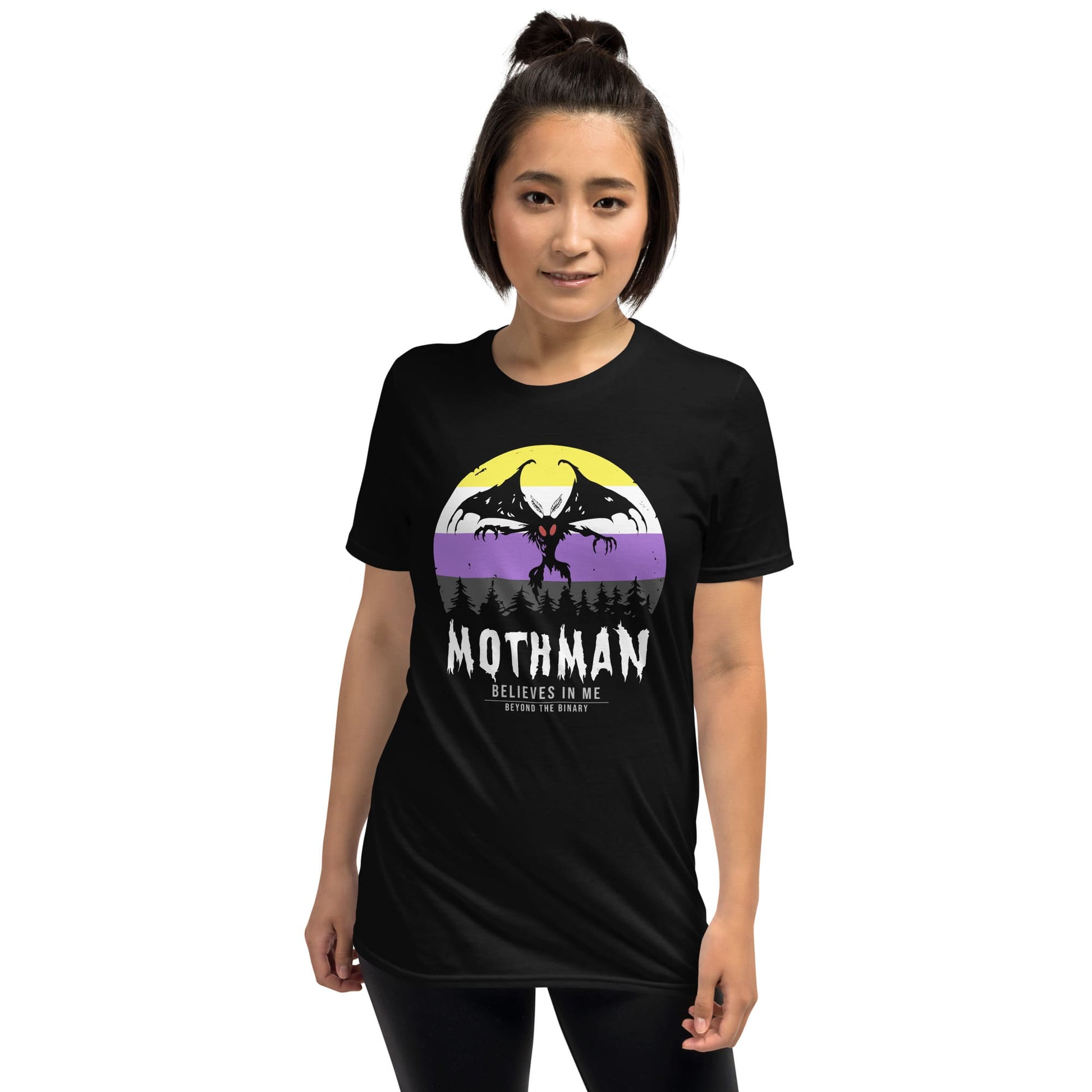 Person wearing a black t-shirt with Mothman graphic design on a white background: Nonbinary Mothman Shirt, Enby Pride Cryptid Folklore T-Shirt, Queer Mythology Legend Cryptozoology Tee, Cryptidcore Weirdcore Gift For LGBT