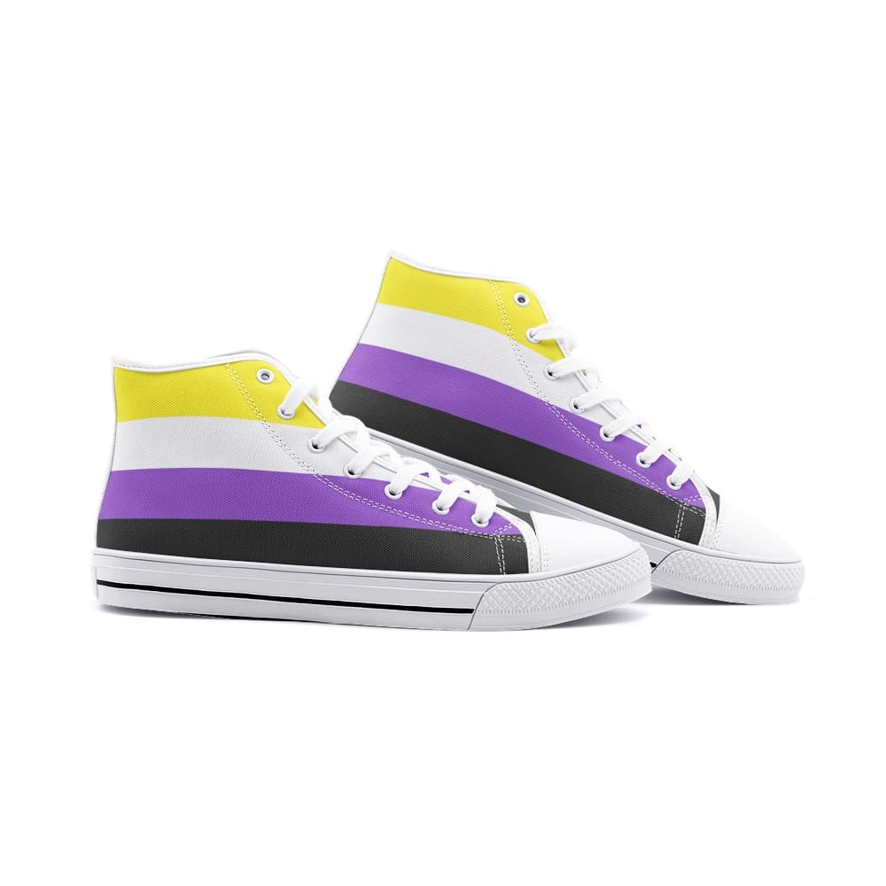 nonbinary shoes, enby pride flag sneakers, white