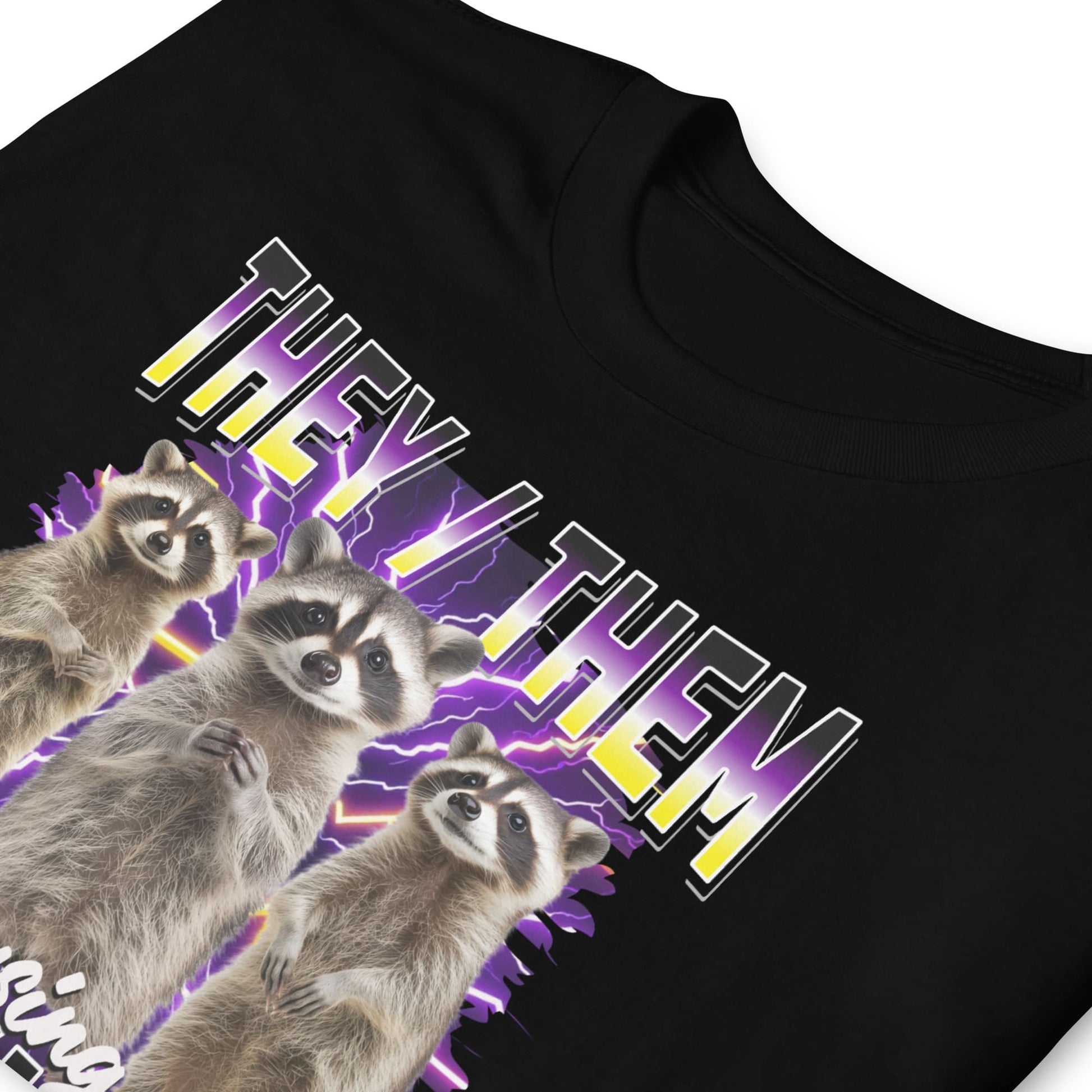 nonbinary pride bootleg t-shirt with raccoons and 'THEY THEM' pronouns on a white background