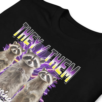 nonbinary pride bootleg t-shirt with raccoons and 'THEY THEM' pronouns on a white background