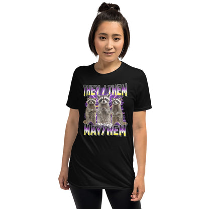 Person wearing a y2k black bootleg enby pride t-shirt with they them pronouns